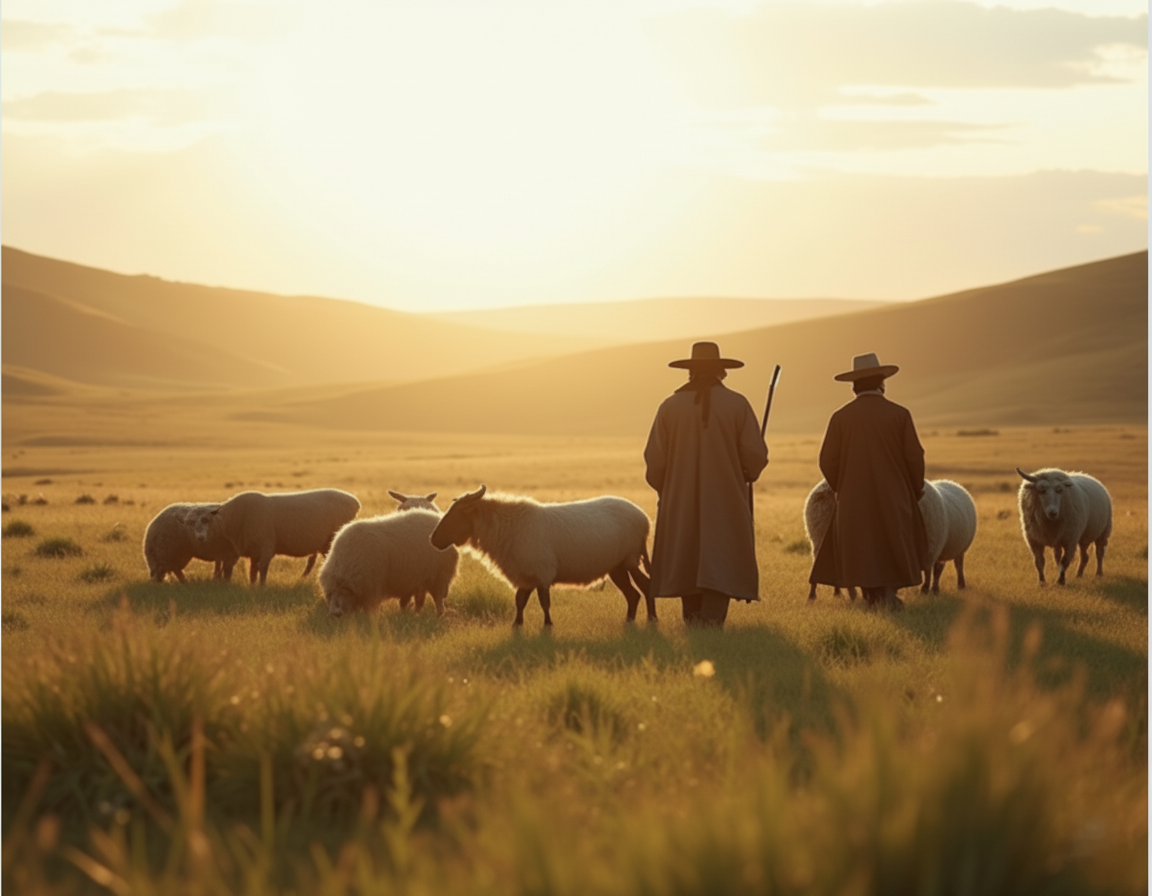 Traditional Mongolian herders with their livestock in natural grasslands